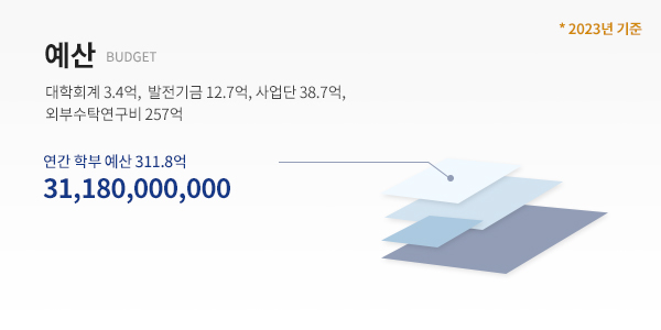 예산 (BUDGET) - 대학회계 3.6억, 발전기금 17.1억, 사업단 45.8억 외부수탁 연구비 149.4억 : 연간 학부 예산 217억 21,750,000,000